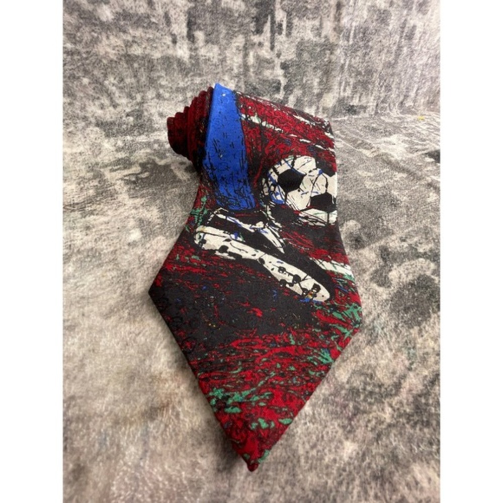 Evan Picone Sport Silk Tie Soccer Ball Cleats Abstract Graphic Red‎ Blue Necktie